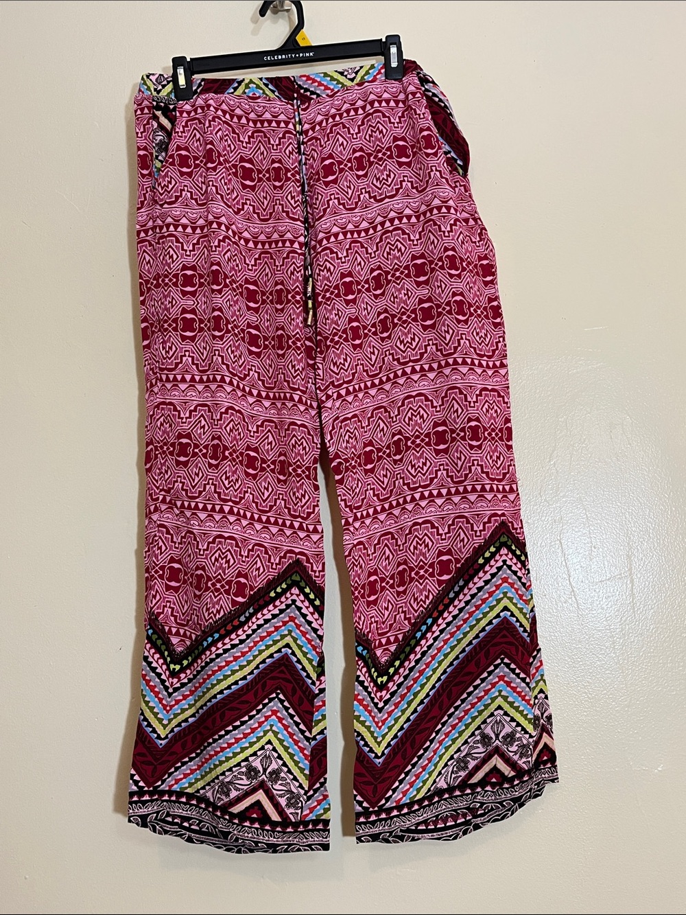 Wet seal Pink Patterned Wide-Leg Pants with Multicolor Hem